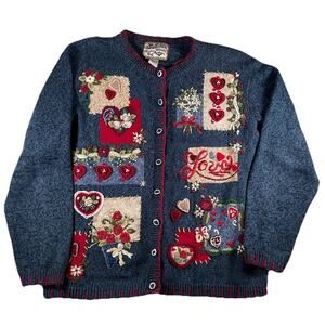 Vtg Sz L Heirloom Collectibles Embroidered Love Floral Cardigan Sweater Hearts